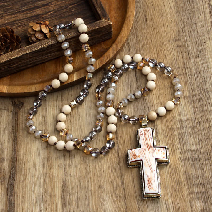Collier pendentif croix en résine et perles en pierre naturelle Olivenorma