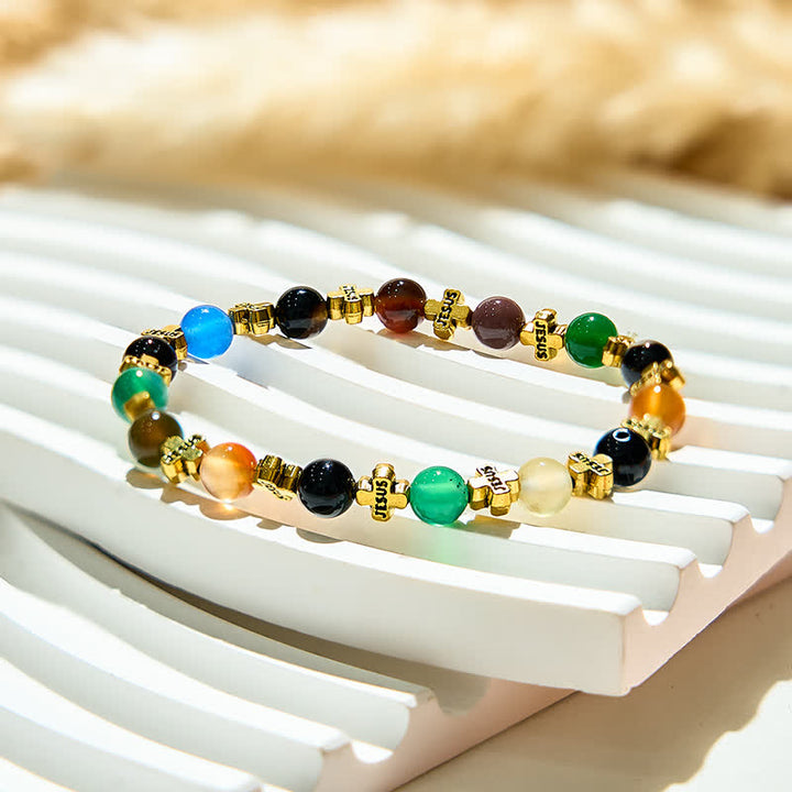 Bracelet Olivenorma en perles de croix en métal doré et agate de couleur naturelle de 6 mm