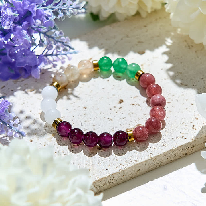 Bracelet Olivenorma en perles de grenat, quartz fraise et aventurine verte 