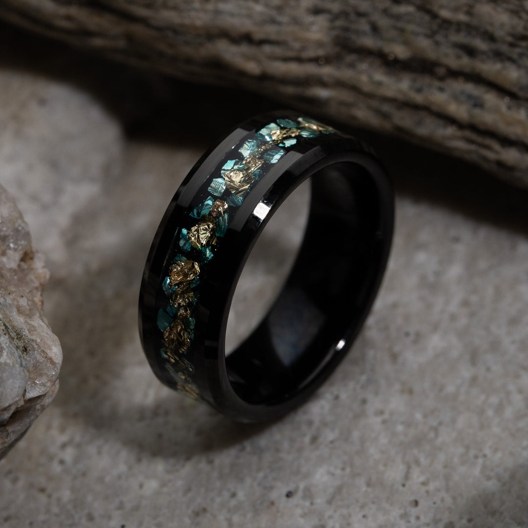 Olivenorma pour homme avec fragments de corail vert et feuille d'or