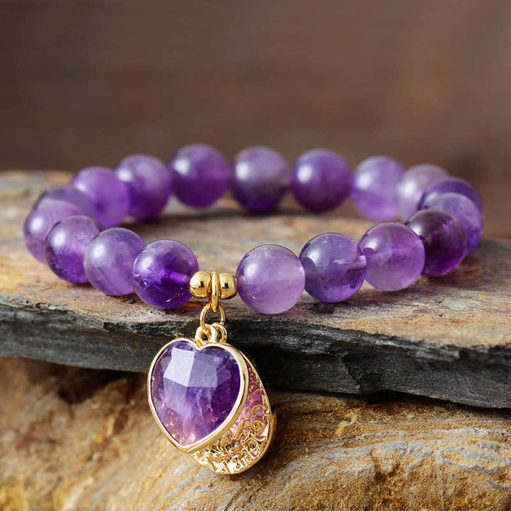 Bracelet pendentif coeur en perles d'améthyste de 10 mm Olivenorma