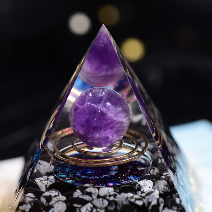 Pyramide d'orgone en boule d'améthyste et d'obsidienne flocon de neige Olivenorma