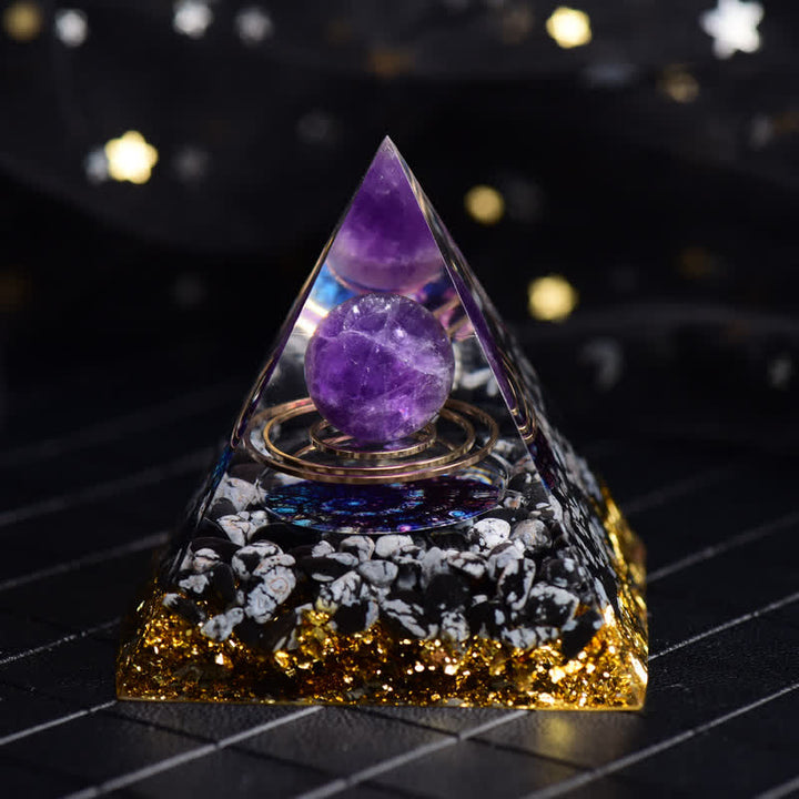 Pyramide d'orgone en boule d'améthyste et d'obsidienne flocon de neige Olivenorma
