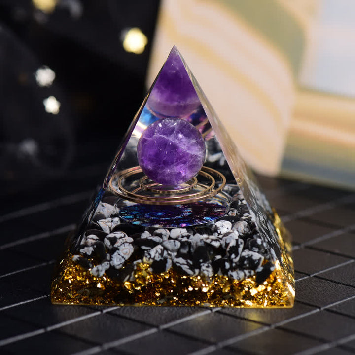 Pyramide d'orgone en boule d'améthyste et d'obsidienne flocon de neige Olivenorma