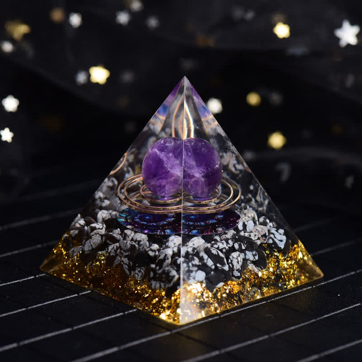 Pyramide d'orgone en boule d'améthyste et d'obsidienne flocon de neige Olivenorma