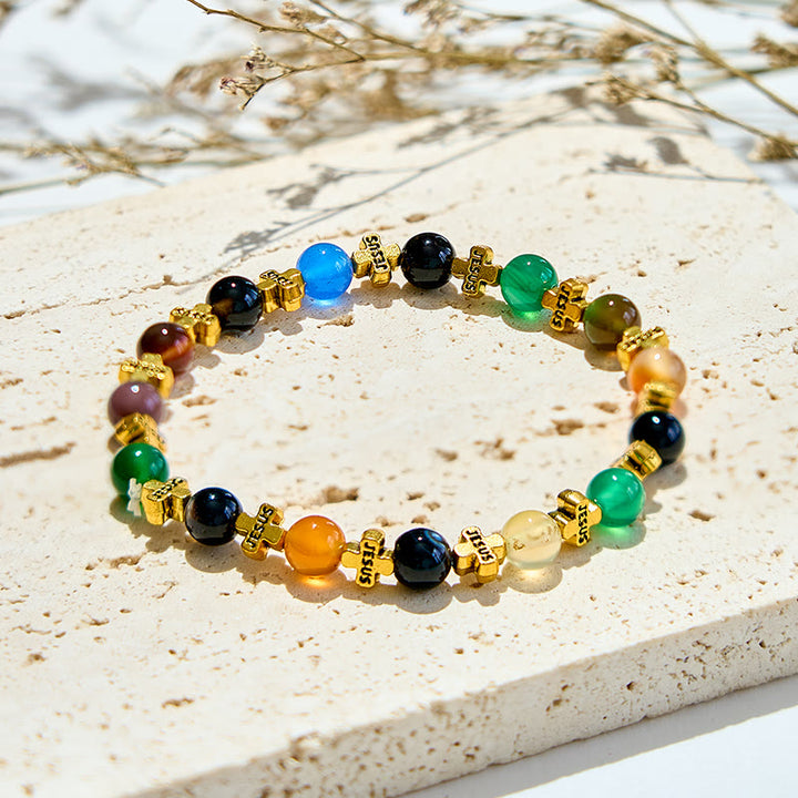 Bracelet Olivenorma en perles de croix en métal doré et agate de couleur naturelle de 6 mm