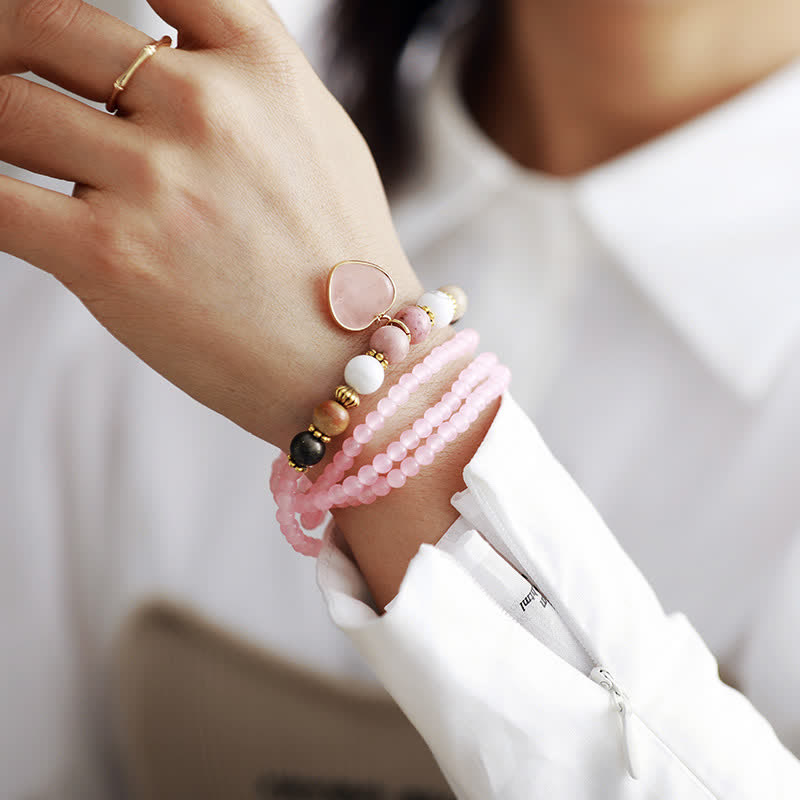 Bracelet multicouches en perles de quartz rose et de rhodonite Olivenorma