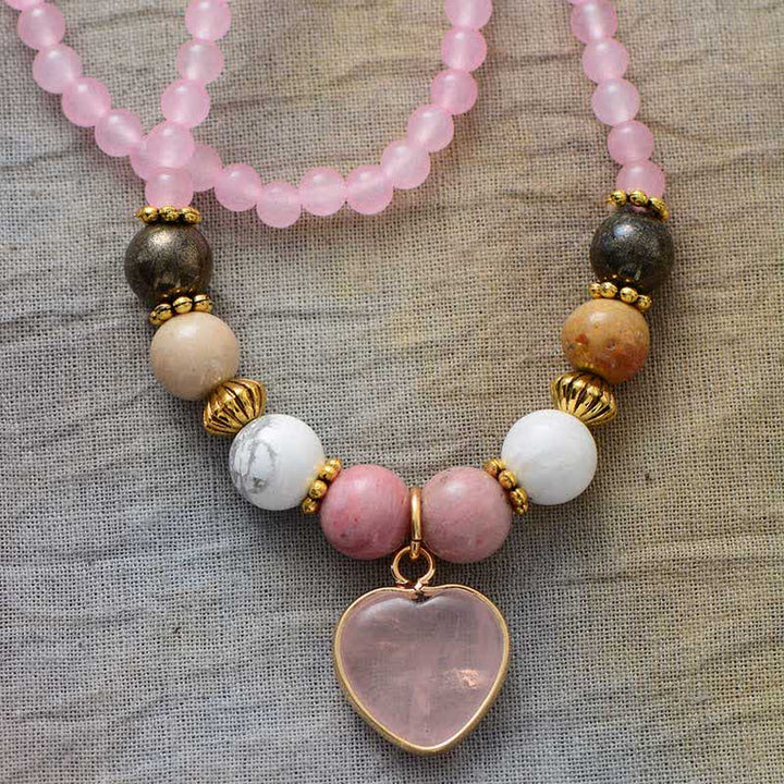 Bracelet multicouches en perles de quartz rose et de rhodonite Olivenorma