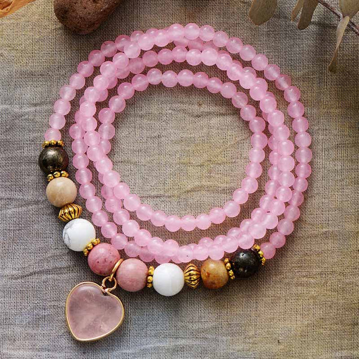 Bracelet multicouches en perles de quartz rose et de rhodonite Olivenorma