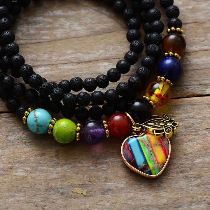Bracelet multicouches avec pendentif chakra et perles en pierre de lave Olivenorma