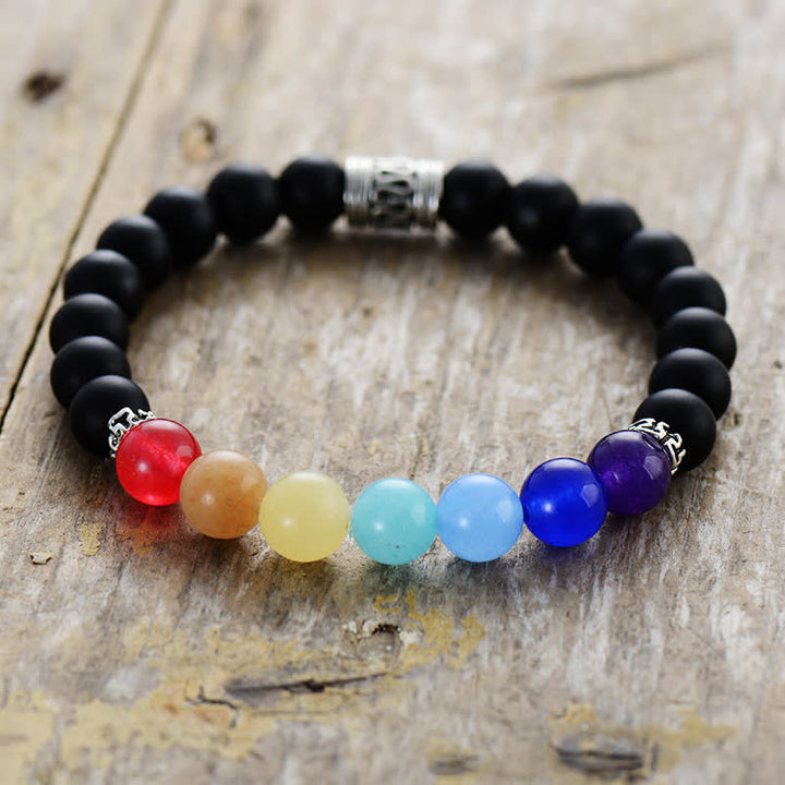 Bracelet en perles d'onyx noir naturel avec chakras Olivenorma