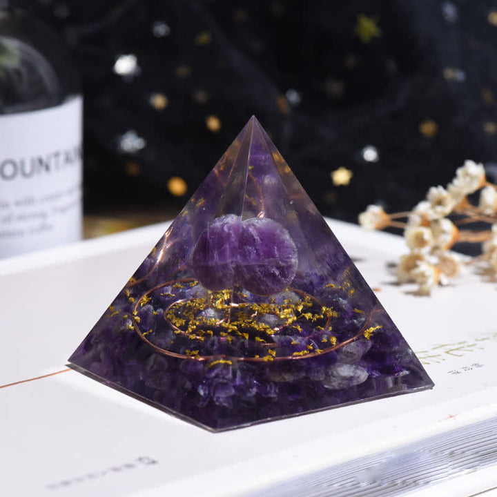 Boule de cristal d'améthyste Olivenorma Cercle métallique Pyramide d'orgone