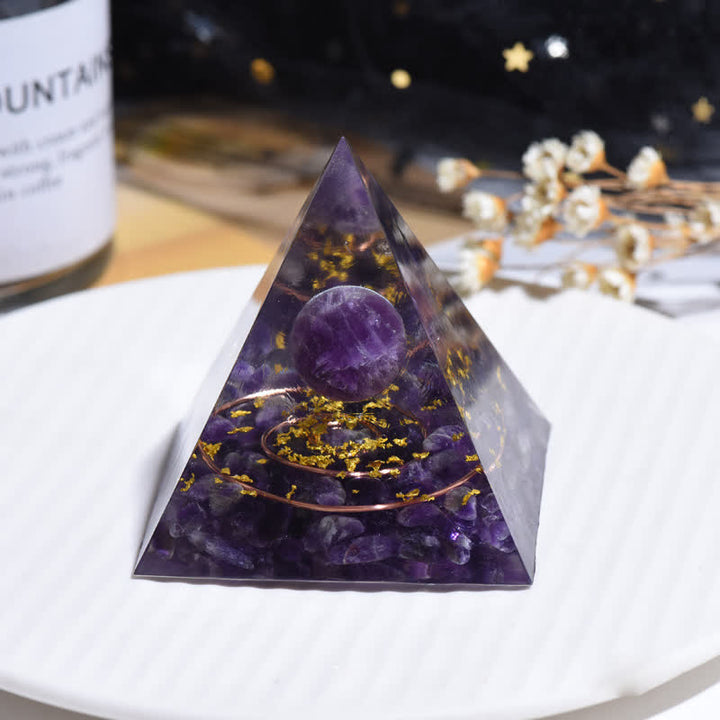 Boule de cristal d'améthyste Olivenorma Cercle métallique Pyramide d'orgone