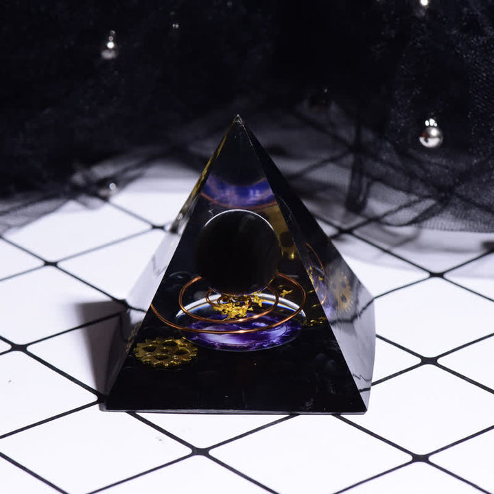 Pyramide d'orgone à engrenage métallique en obsidienne Olivenorma