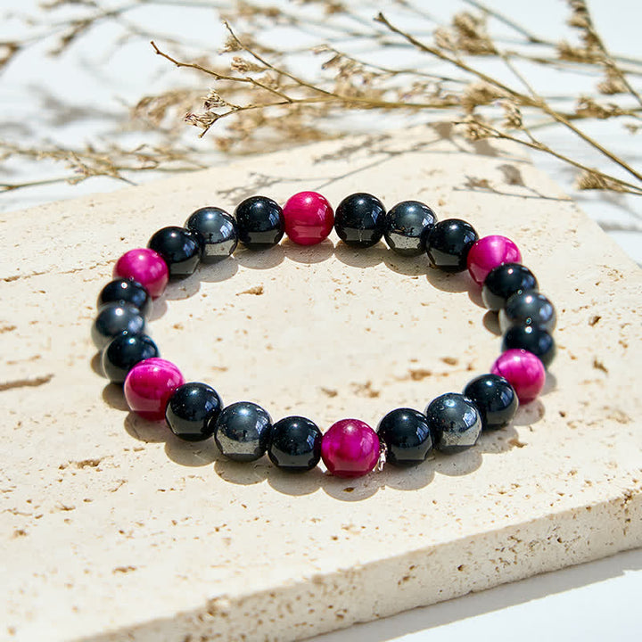 Bracelet de perles en hématite et obsidienne de œil tigre rouge rose Olivenorma 