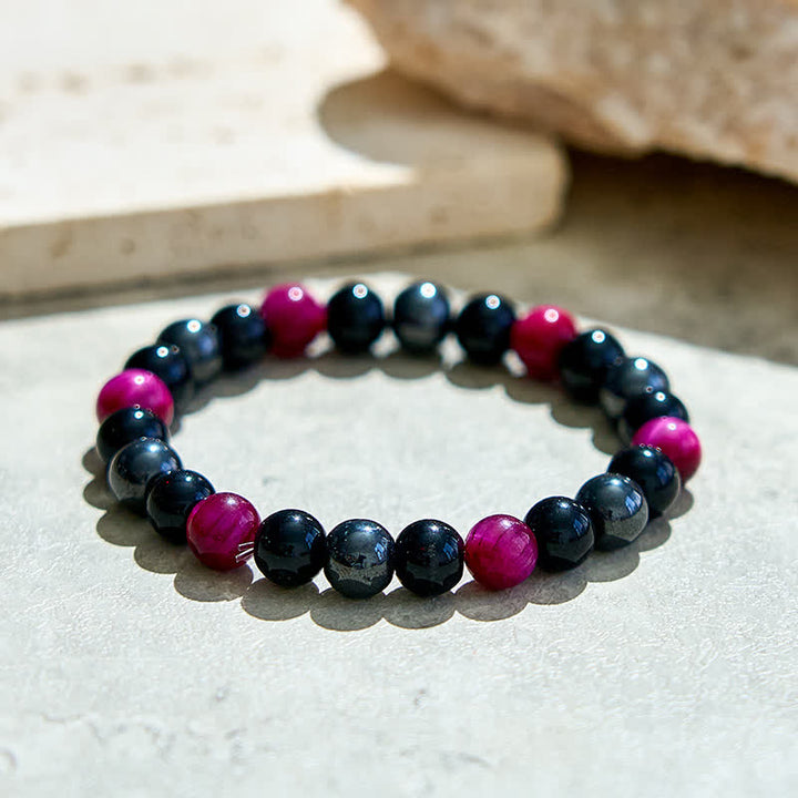 Bracelet de perles en hématite et obsidienne de œil tigre rouge rose Olivenorma 