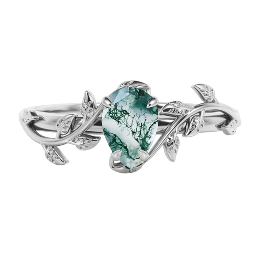 Bague de fiançailles en agate mousse taille poire Olivenorma avec feuille torsadée