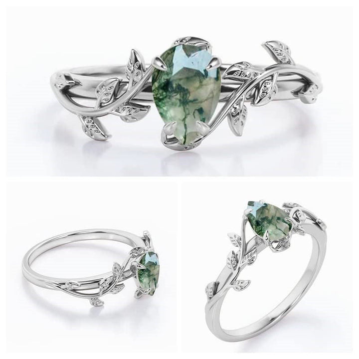 Bague de fiançailles en agate mousse taille poire Olivenorma avec feuille torsadée