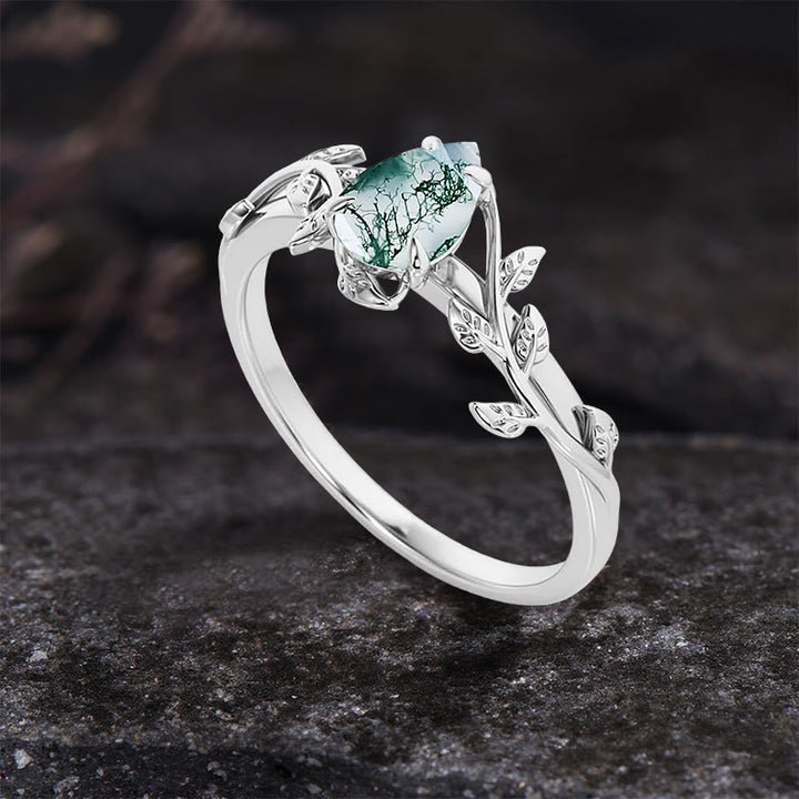 Bague de fiançailles en agate mousse taille poire Olivenorma avec feuille torsadée