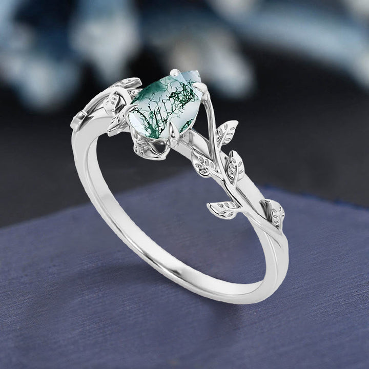 Bague de fiançailles en agate mousse taille poire Olivenorma avec feuille torsadée