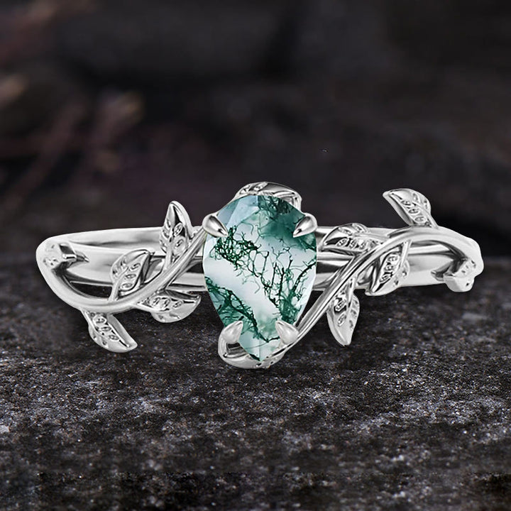 Bague de fiançailles en agate mousse taille poire Olivenorma avec feuille torsadée