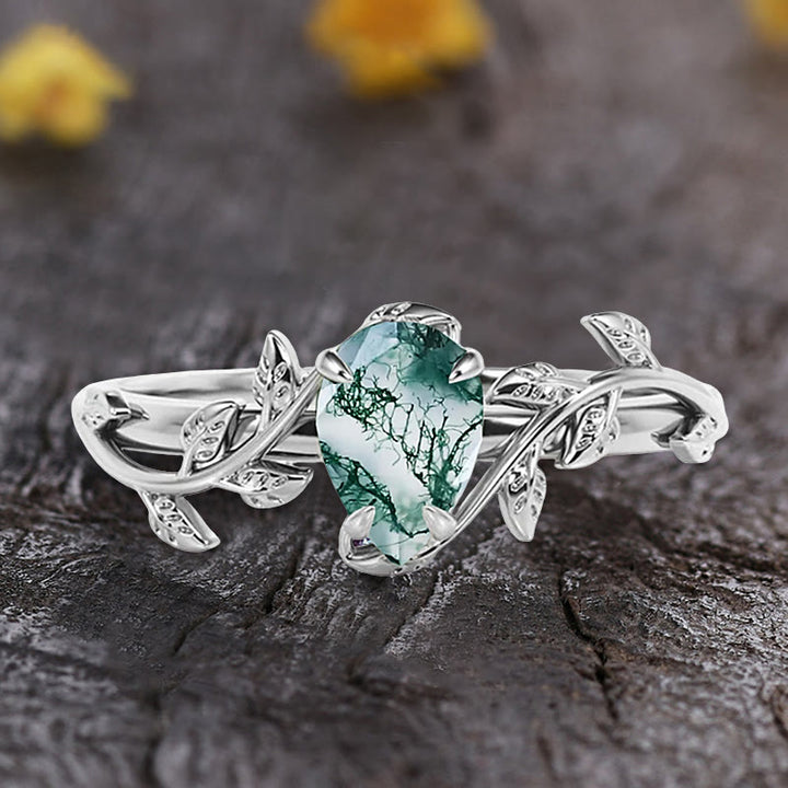 Bague de fiançailles en agate mousse taille poire Olivenorma avec feuille torsadée