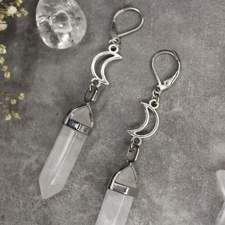 Boucles d'oreilles pendantes en cristal naturel avec prisme hexagonal de sorcière Olivenorma