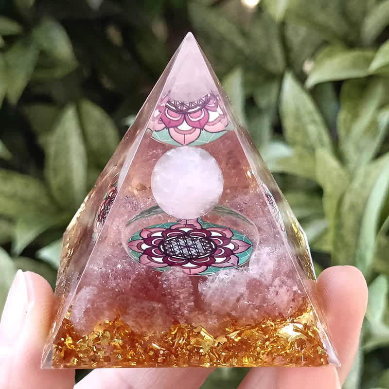 Pyramide orgonite en quartz rose et quartz fraise Olivenorma de 5 m
