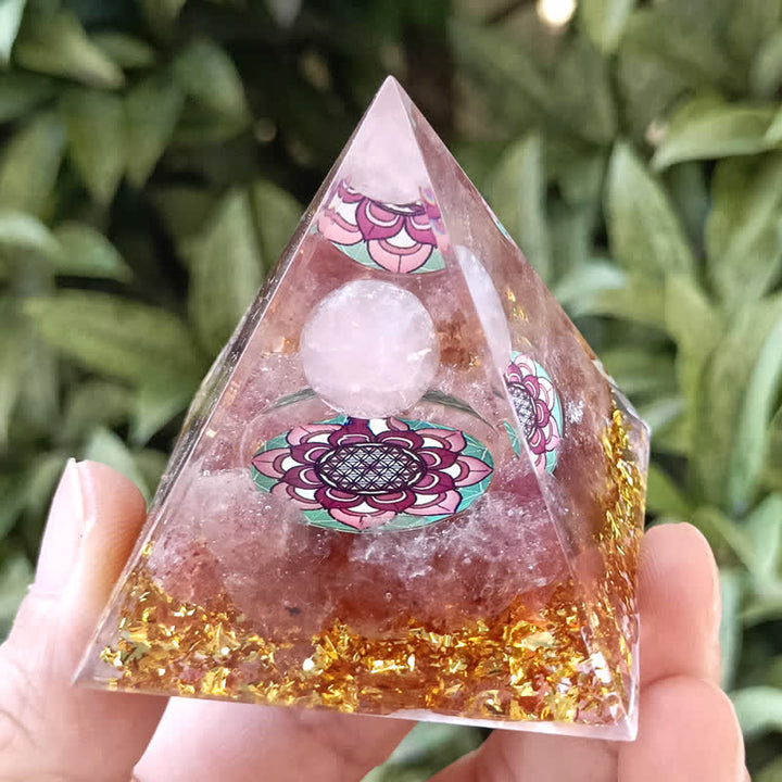 Pyramide orgonite en quartz rose et quartz fraise Olivenorma de 5 m