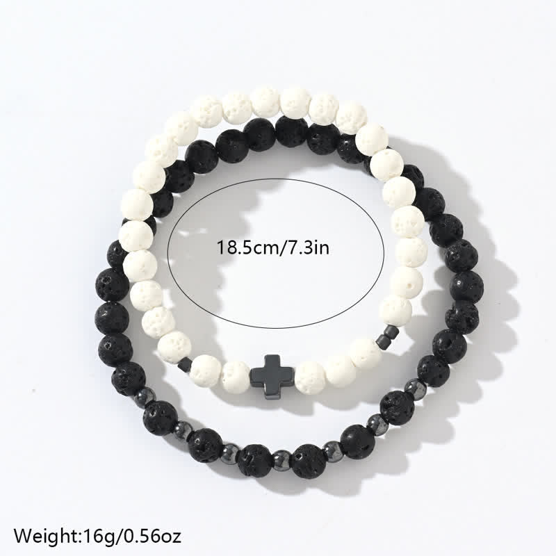 Ensemble de bracelets en perles de croix en pierre de lave noire et blanche Olivenorma