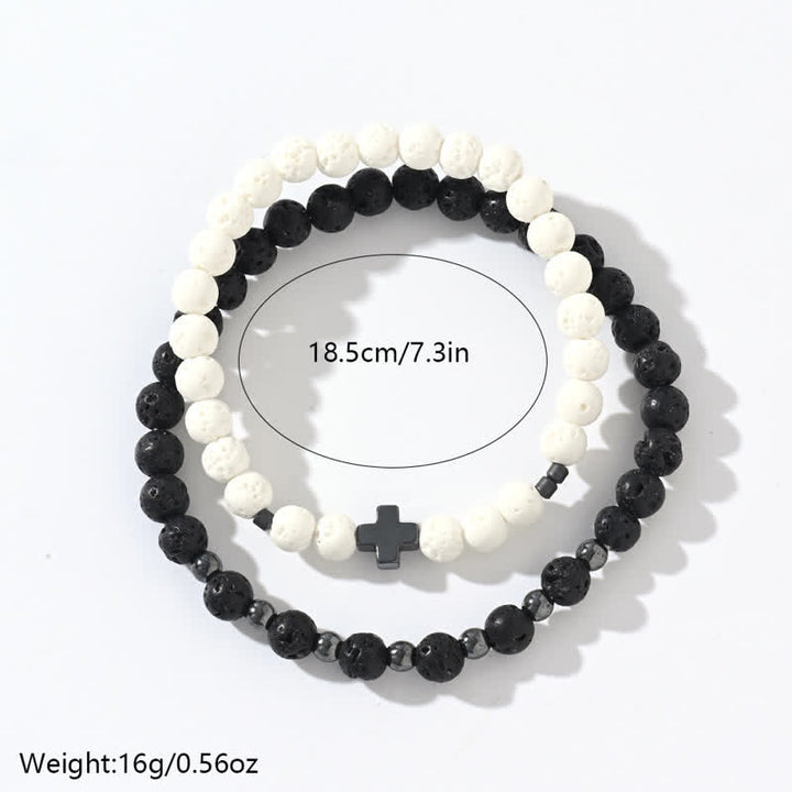 Ensemble de bracelets en perles de croix en pierre de lave noire et blanche Olivenorma