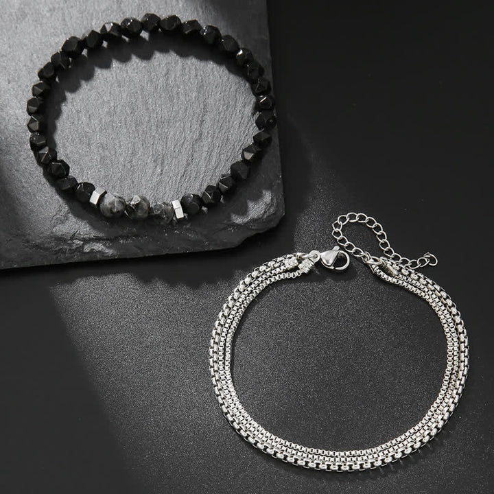 Ensemble de bracelets et accessoires en métal avec perles d'obsidienne et de labradorite Olivenorma