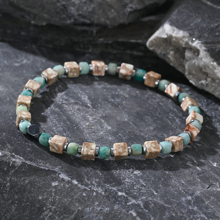 Bracelet Olivenorma en perles cubiques amazonite hématite blanche turquoise