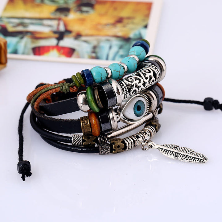 Lot de 5 bracelets en cuir turquoise bohème Olivenorma