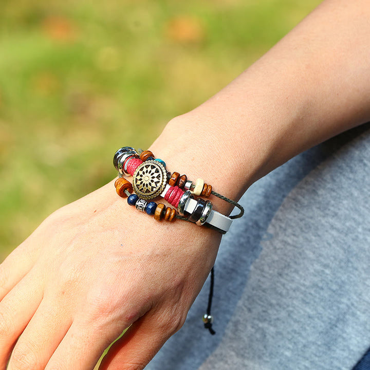 Bracelet en cuir hématite à 3 couches Olivenorma avec perles multicouches
