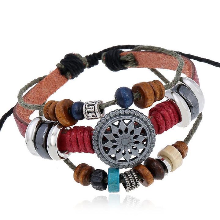 Bracelet en cuir hématite à 3 couches Olivenorma avec perles multicouches