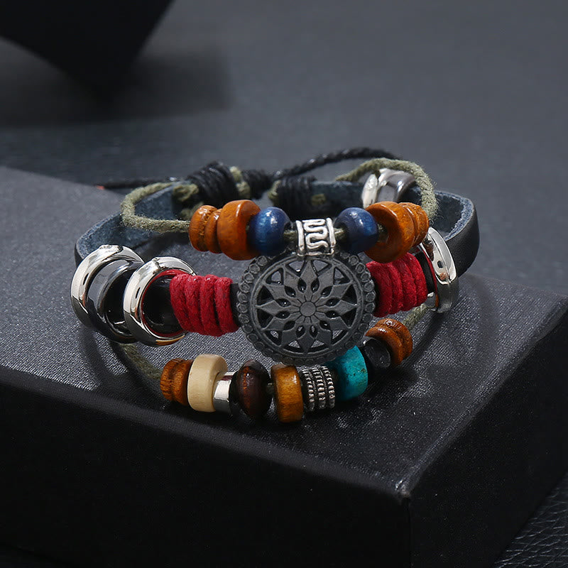 Bracelet en cuir hématite à 3 couches Olivenorma avec perles multicouches