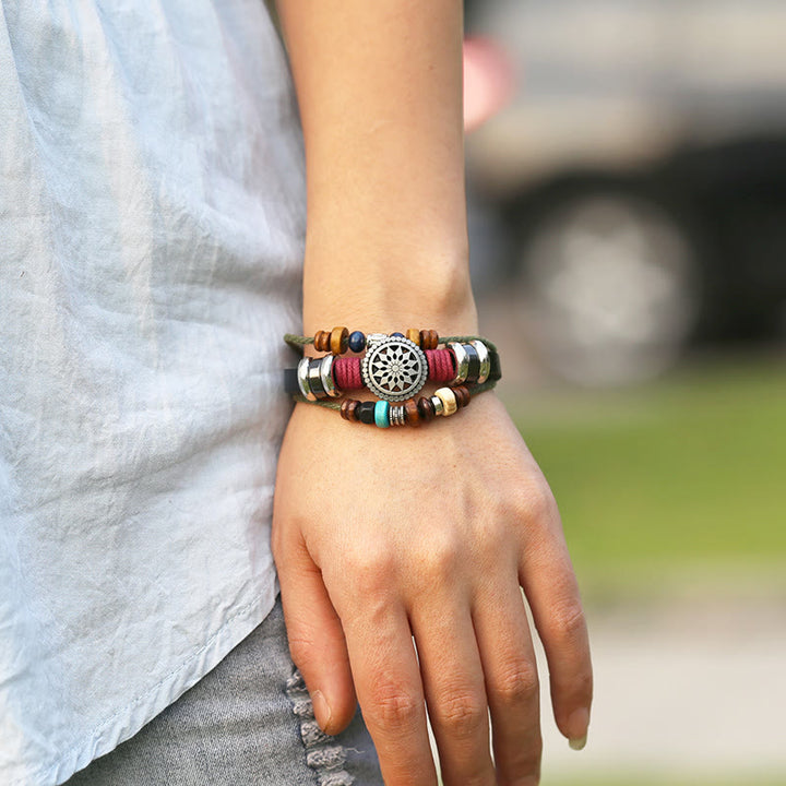 Bracelet en cuir hématite à 3 couches Olivenorma avec perles multicouches