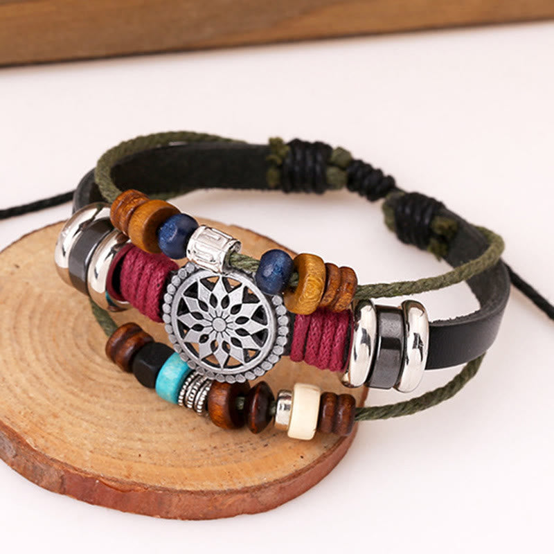 Bracelet en cuir hématite à 3 couches Olivenorma avec perles multicouches