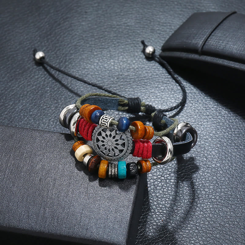 Bracelet en cuir hématite à 3 couches Olivenorma avec perles multicouches