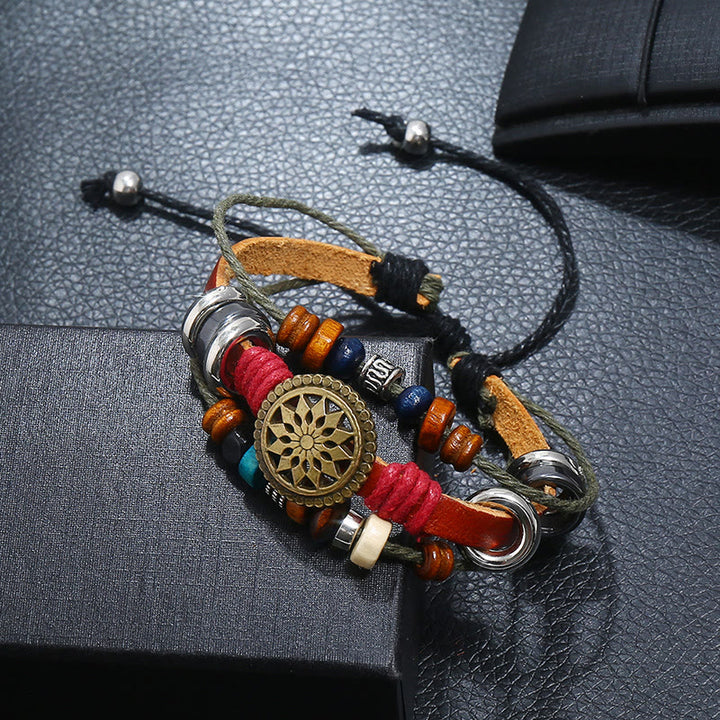 Bracelet en cuir hématite à 3 couches Olivenorma avec perles multicouches