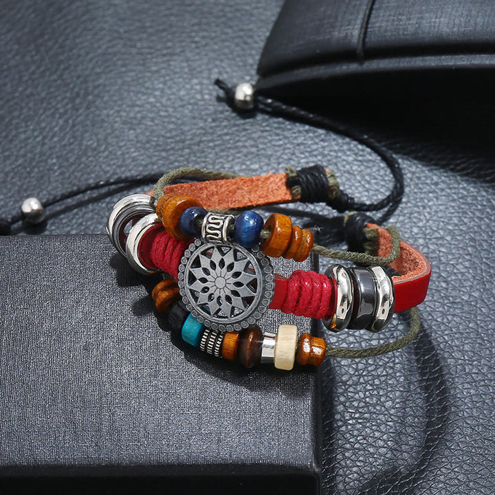 Bracelet en cuir hématite à 3 couches Olivenorma avec perles multicouches