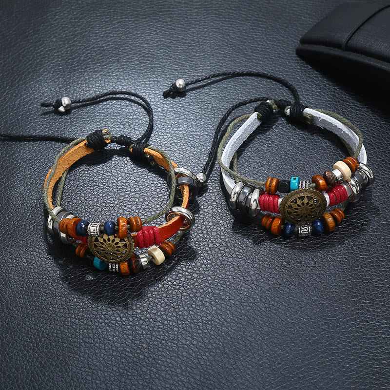 Bracelet en cuir hématite à 3 couches Olivenorma avec perles multicouches
