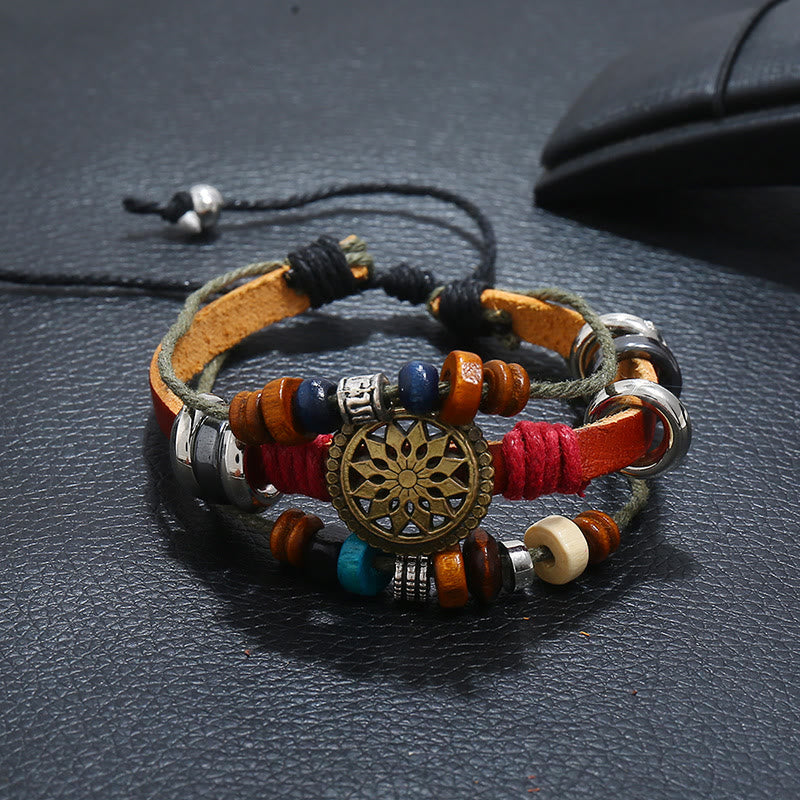 Bracelet en cuir hématite à 3 couches Olivenorma avec perles multicouches