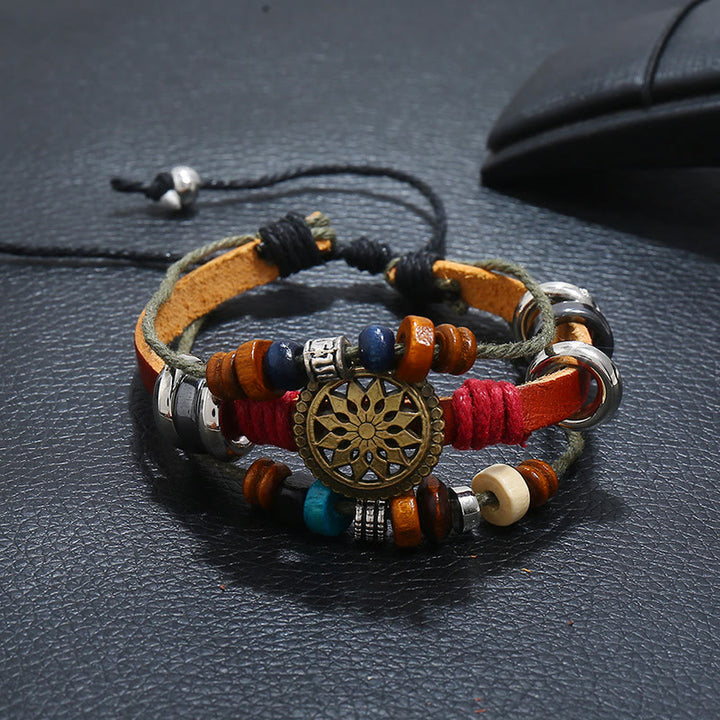 Bracelet en cuir hématite à 3 couches Olivenorma avec perles multicouches