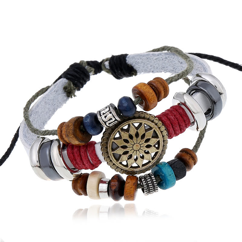 Bracelet en cuir hématite à 3 couches Olivenorma avec perles multicouches