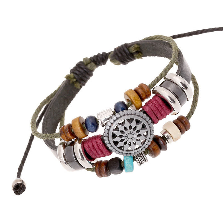 Bracelet en cuir hématite à 3 couches Olivenorma avec perles multicouches