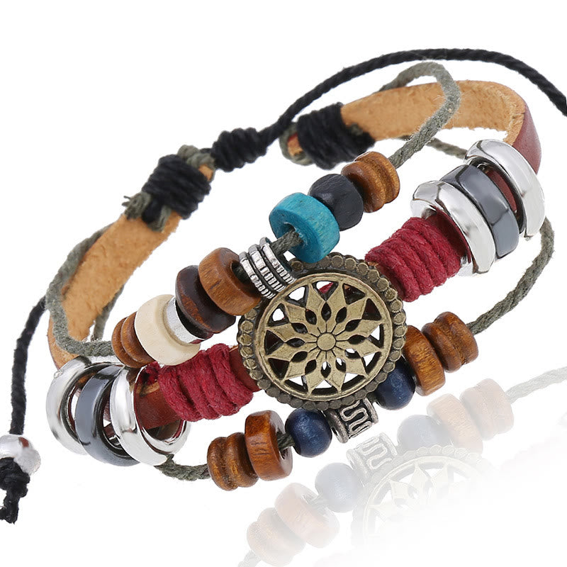 Bracelet en cuir hématite à 3 couches Olivenorma avec perles multicouches
