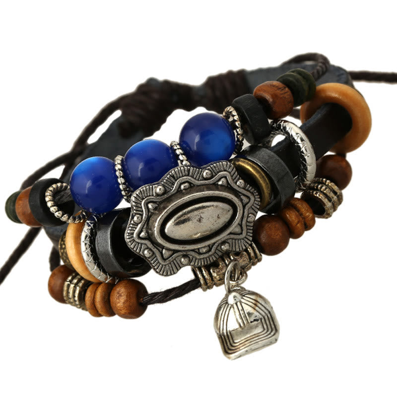 Bracelet en cuir multicouches avec perles en saphir et breloque chapeau Olivenorma