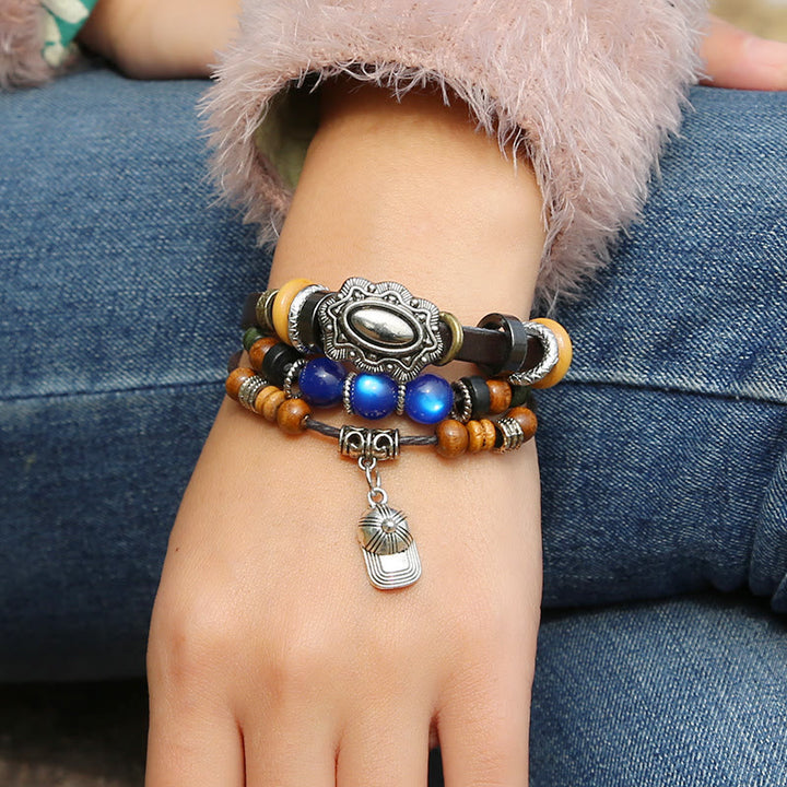 Bracelet en cuir multicouches avec perles en saphir et breloque chapeau Olivenorma - Saphir - image 0